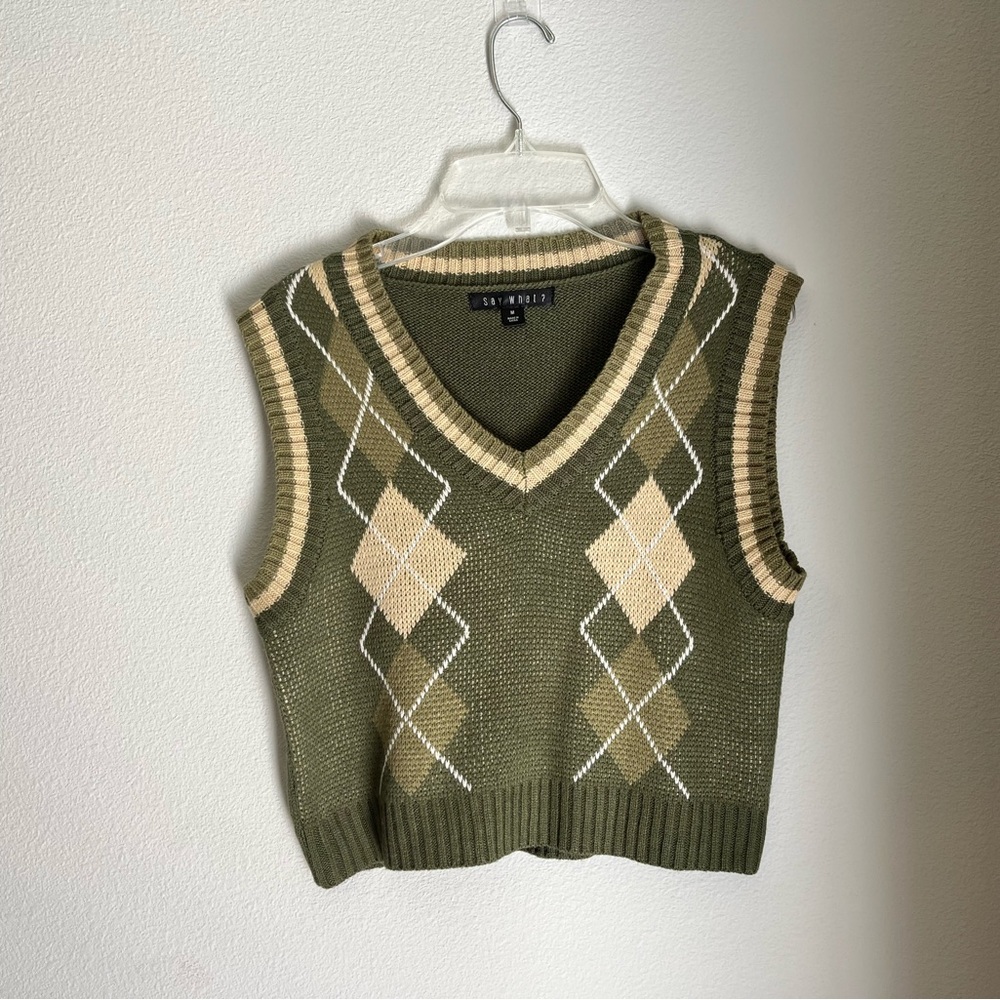 Green/Creme Pattern Sweatervest - image 1
